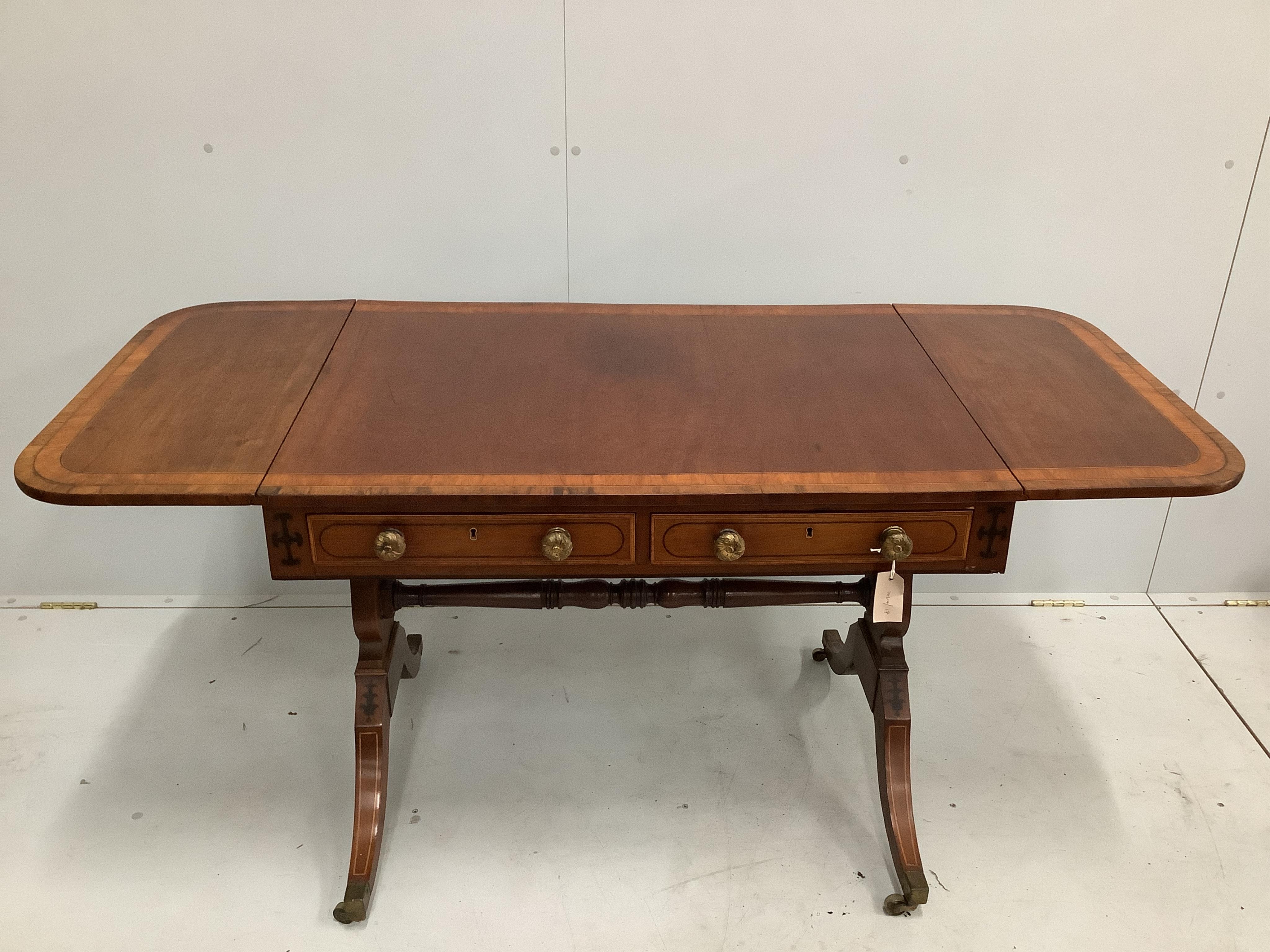 A Regency satinwood banded sofa table, width 90cm, depth 65cm, height 70cm